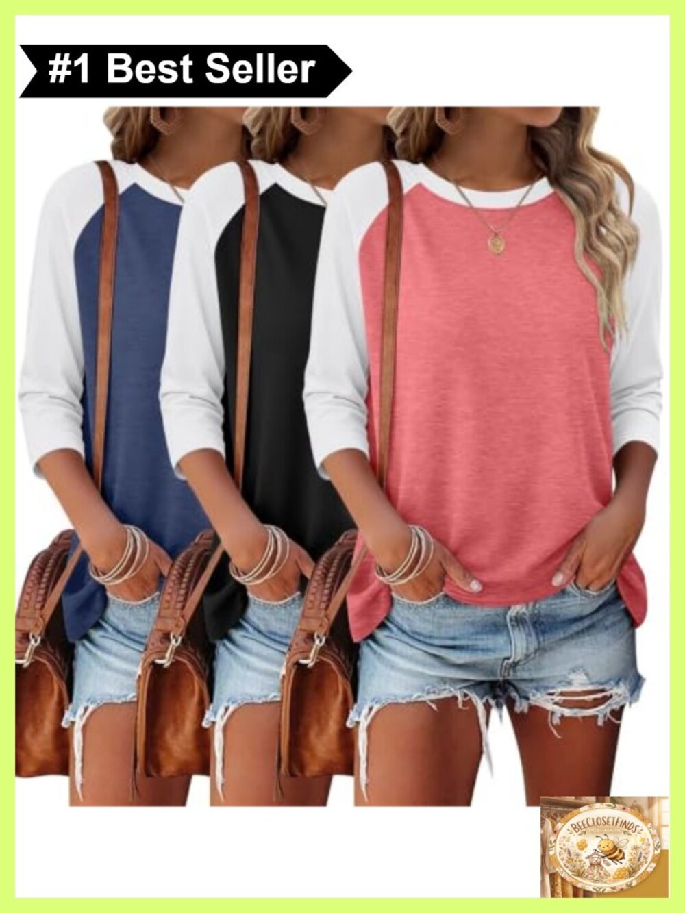 3 Pack Womens 3/4 Sleeve Crewneck T Shirts Casual Basic Tees